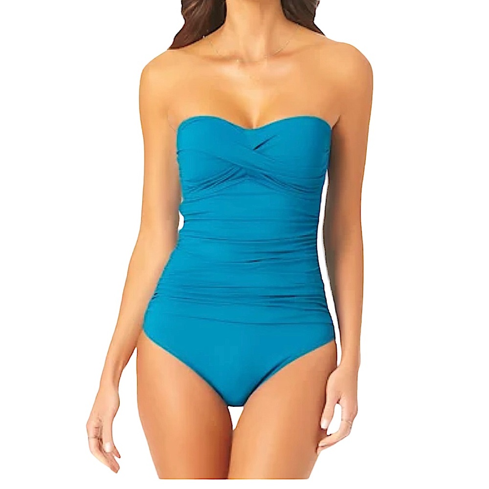 NWT Anne Cole Blue Twist Front Ruched Strapless One Piece Swimsuit Size 6